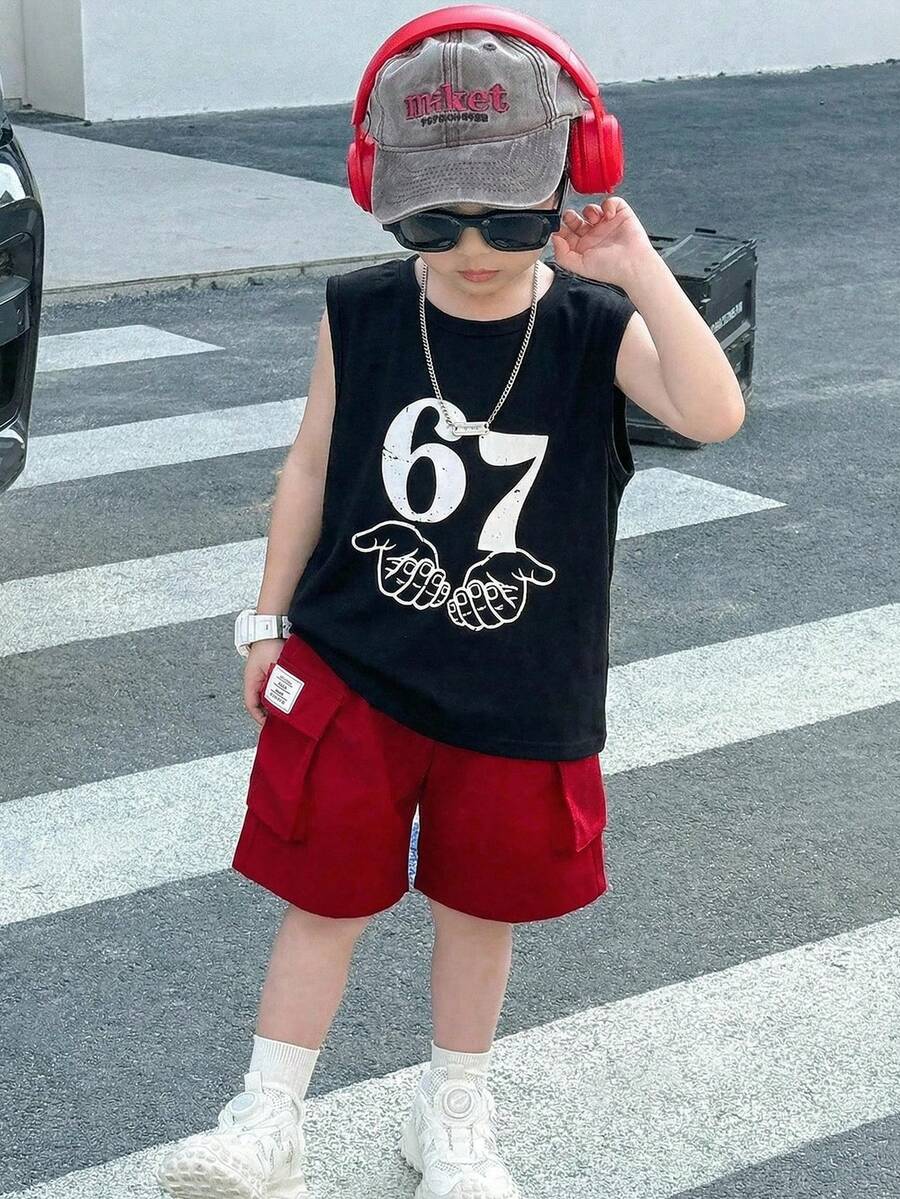 SHEIN 2pcs/Set Young Boys Casual Korean Style Contrast Color Print Tank Top And Cargo Shorts Set,Comfortable Fashion Versatile Kids Summer Outfits,School - Black - View 1