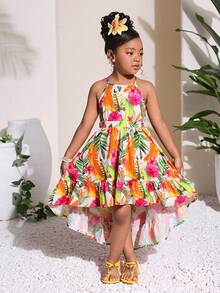 Cozy Pixies Vestido de niña bebé con estampado tropical lindo, con escote halter y espalda descubierta, con bajo alto, adecuado para verano y vacaciones - Naranja - Ver 2