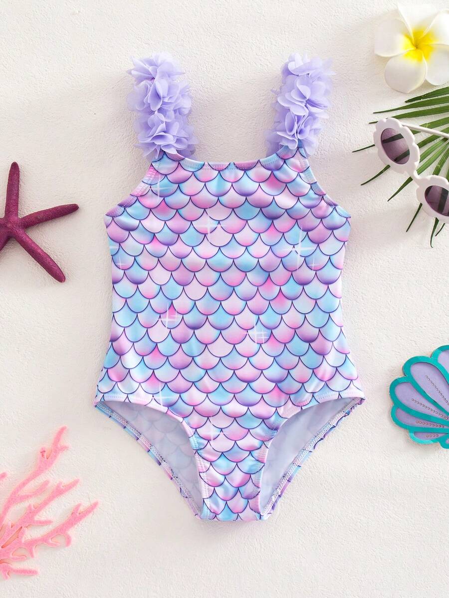 SHEIN Young Girl Gradient Fish Scale Print Halter One-Piece Swimsuit, Beach Vacation Style, Summer - Multicolor - View 1