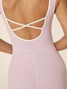 Aralina Women Contrast Binding Crisscross Backless Sports Tank Unitard Romper - Mauve Purple - View 4
