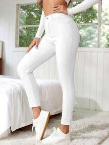 EMERY ROSE Celana Jeans Wanita Model Skinny Pinggang Tinggi dengan Kantong, Kasual, Serbaguna, Panjang 3/4 - Putih - View 5