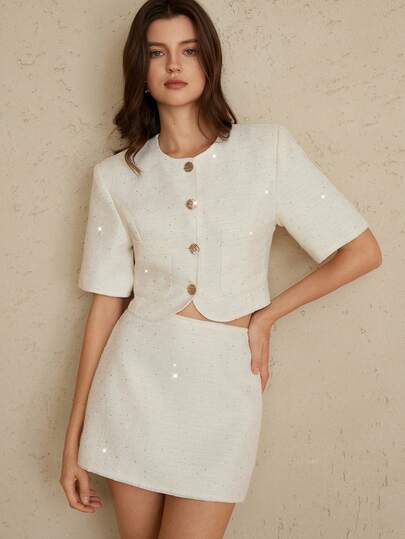 Aveloria Rosie Women's New French Retro European And American Aristocratic Elegant Elegant Fashion Tweed Sequin Short Sleeve Jacket And Skirt Suit