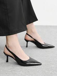 CUCCOO BIZCHIC 四季新款黑色尖头细跟高跟低帮女鞋，日常百搭通勤商务晚宴派对女鞋 - 油皮黑 - 查看 4