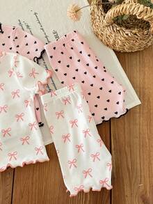 LMoss Kids 4件套女宝宝夏季可爱爱心蝴蝶结荷叶边圆领短袖短裤休闲舒适修身睡衣套装 - 彩色 - 查看 6