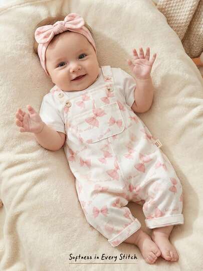 Cozy Pixies Newborn Baby Girl Heart Pattern Suspender Jumpsuit, Versatile & Comfortable Baby Girl Clothing Baby Girl Bow Overalls Baby Girl Outfit Baby Bow Headband Hello World Outfit Newborn Romper With Bow Baby Girls Clothing Born