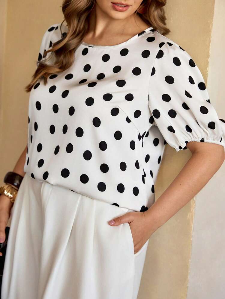Roveilla Plus Size Polka Dot White Casual Vacation Shirt, Spring/Summer Tops For Women Elegant Polka Dot Shirt Puff Sleeve Tops Polkadot Top Black And White Polka Dot Top Puff Sleeve Blouse Polka Dot Two Piece Set Polka Dot Outfit Women Poka Dots Top Casual Elegant Blouse Dot Blouse Women S Summer Outfits Blouse For Women Polka Dots Top - Black and White - View 4