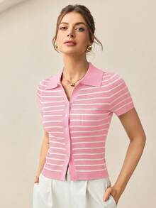 BizChic Women's Collared Striped Button Knit Sweater, Ladies Knit Top For Urban Commute, Business Casual, Basic Outerwear, Elegant Attire - Pink - View 7