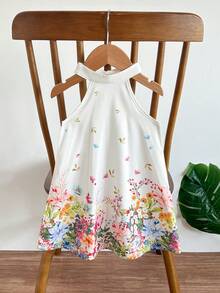 SHEIN 女婴无袖碎花编织A字连衣裙，立领设计，适合度假、休闲、外出、拍照、节日、海滩、夏季穿着，可爱、甜美、优雅、百搭 - 白色 - 查看 4