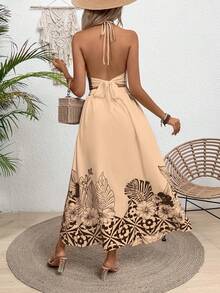 Breezaya Bộ đồ 2 món phong cách nghỉ dưỡng thường ngày, họa tiết nhiệt đới: áo cổ yếm và chân váy. - Màu Tím - Xem 2