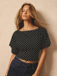 Aralina 女士波点印花上衣，宽领船领，短蝙蝠袖，飘逸袖子，可爱上衣，腰部系带收腰设计，T恤款式，波点印花，复古风格，适合外出、派对、工作或办公室穿着。 - 黑色 - 查看 4