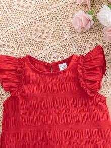 SHEIN Đầm liền thân tay bồng tối giản, chất liệu vải dệt họa tiết, thích hợp cho bé gái mặc trong những ngày hè mát mẻ. - Đỏ - Xem 4