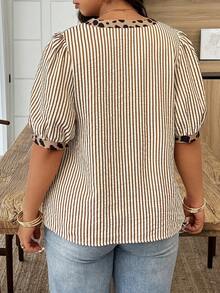 Weeklong 大码女式春夏翻领条纹拼接豹纹休闲度假衬衫 - 彩色 - 查看 2