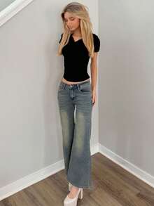 Sydney Algeri 女士口袋休闲喇叭牛仔裤 Y2K 街头风低腰牛仔裤 - 薄荷藍 - 查看 5