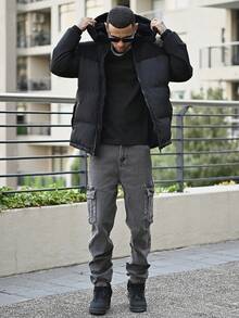 Devon Thys Men's Long Sleeve New Windproof Thickened Warm Casual Hooded Padded Coat - Black - View 5