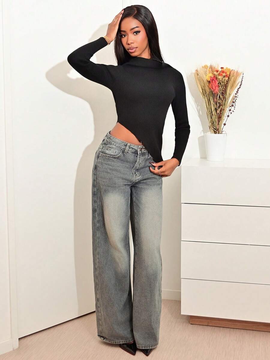 Mima John 不对称领口罗纹针织上衣，优雅春假可爱性感90年代夏季婚礼宾客假日毕业典礼秋季夜生活秋冬日常感恩节时尚 - 黑色 - 查看 1