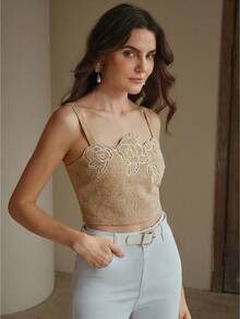 Anewsta 女士优雅百搭通勤镂空刺绣撞色面料短款吊带背心，卡其色 - 卡其色 - 查看 6