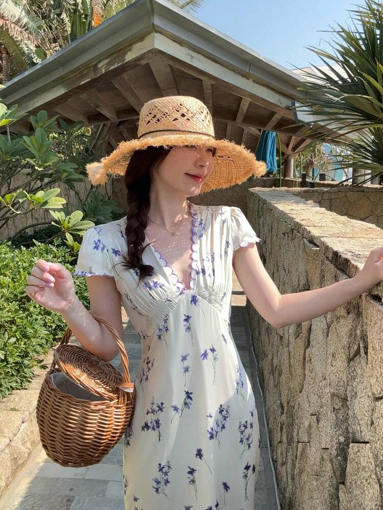 Women's French Ditsy Floral Dress, V-Neck Satin Mini Dress, Elegant Vintage Style, Suitable For Vacation, Long Maxi Dress Sundress Summer Boho