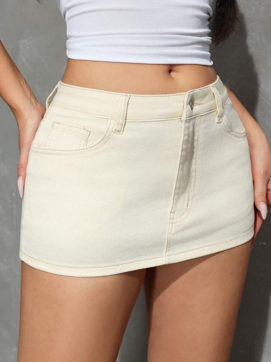 SHEIN EZwear Chân váy mùa hè đơn sắc, ôm eo, kiểu dáng thường ngày, đa năng. - Màu be - Xem 1