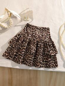 女童休闲豹纹半身裙，夏季穿搭，时尚百搭，适合度假、旅行、校园及日常穿着 - 彩色 - 查看 2