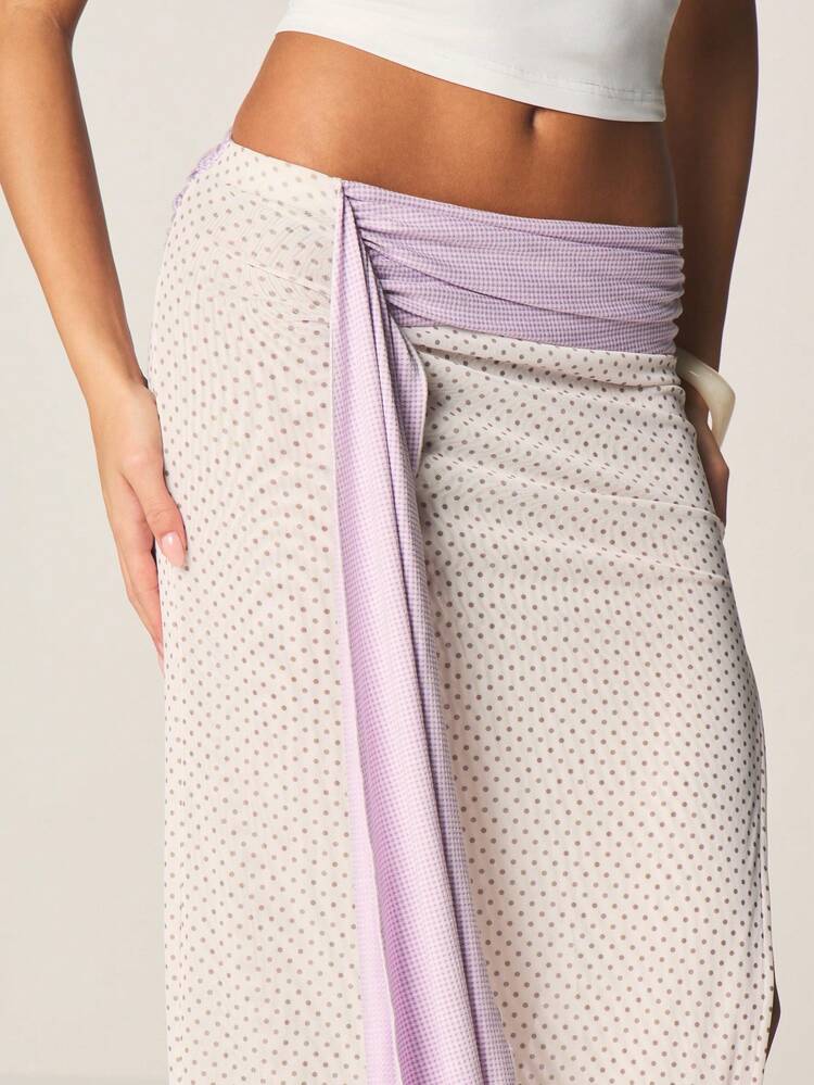 MISSGUIDED 여름 비대칭 물방울 무늬 랩 맥시 스커트, 하이 슬릿 및 타이 웨이스트 디테일