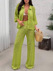 Women Hollow Out Cut Out Button Front Knit Shirt Top And Sweater Pant 2pcs Set Co-Ords Cover Up Beach Set - Green - View 4