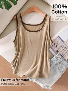 CosyJoli 大码女式水洗雪花吊带背心休闲街头风上衣，大码女式撞色滚边吊带背心/吊带衫 - 駝色 - 查看 3