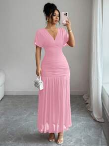 SHEIN Elenzya Đầm midi dáng chữ A bằng vải lưới thoáng khí, thiết kế thanh lịch, ôm sát cơ thể, thoải mái, phù hợp cho cả dự tiệc và mặc hàng ngày. - Hồng - Xem 1