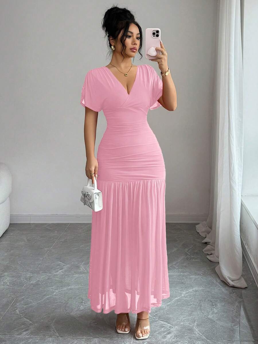 SHEIN Elenzya Đầm midi dáng chữ A bằng vải lưới thoáng khí, thiết kế thanh lịch, ôm sát cơ thể, thoải mái, phù hợp cho cả dự tiệc và mặc hàng ngày. - Hồng - Xem 1