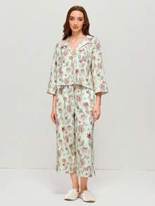 LUVLETTE Basics 女款軟棉綠色花卉印花鈕扣上衣與長褲家居服套裝，輕盈透氣睡衣，附口袋圖案設計 - 綠色 - 查看 2