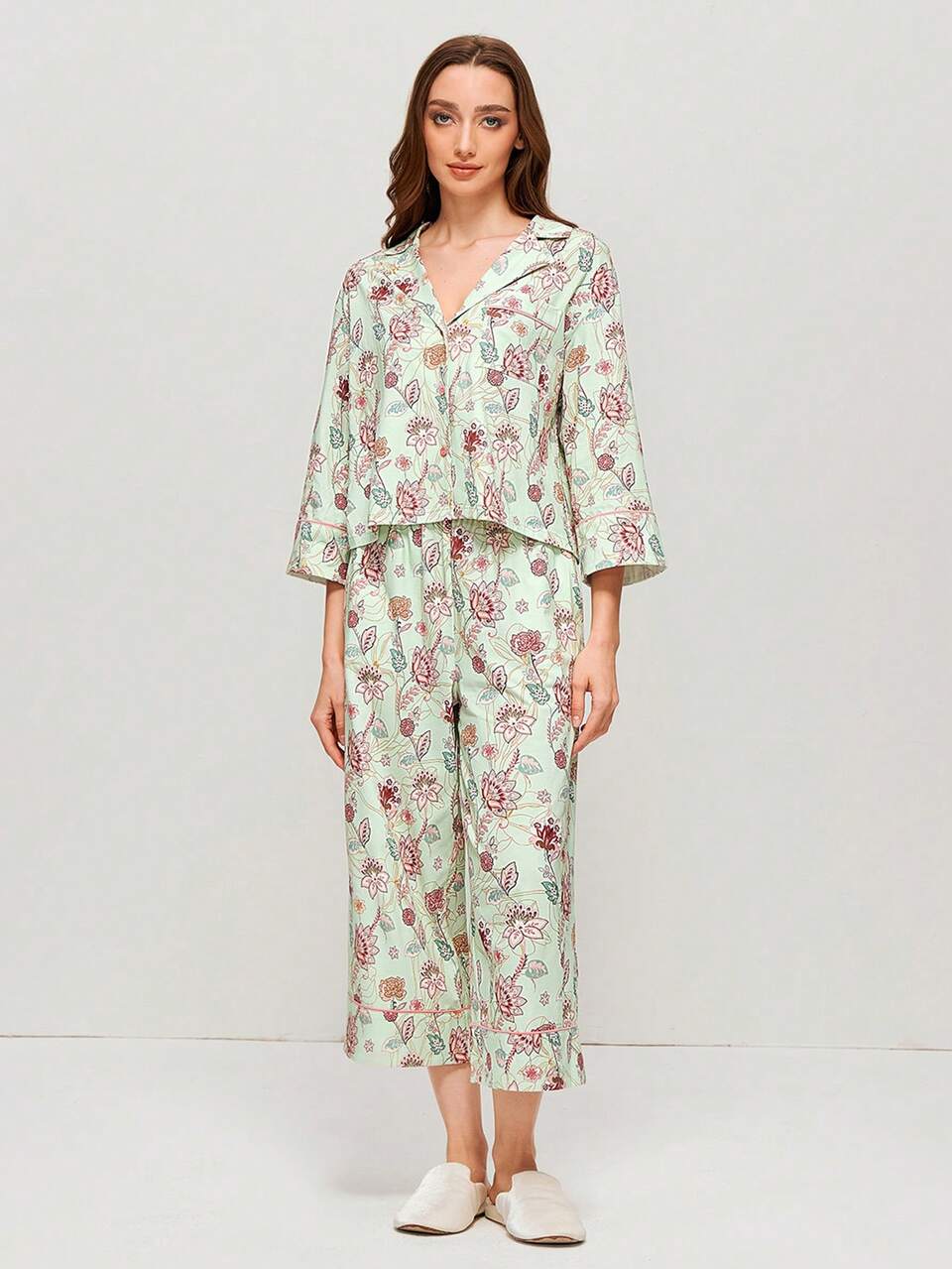 Cotton Floral Print Button-Up Top & Pants PJ Set