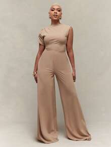 Vixey Textured Jersey Asymmetrical Sleeve Wide Leg Jumpsuit - Camel - View 4