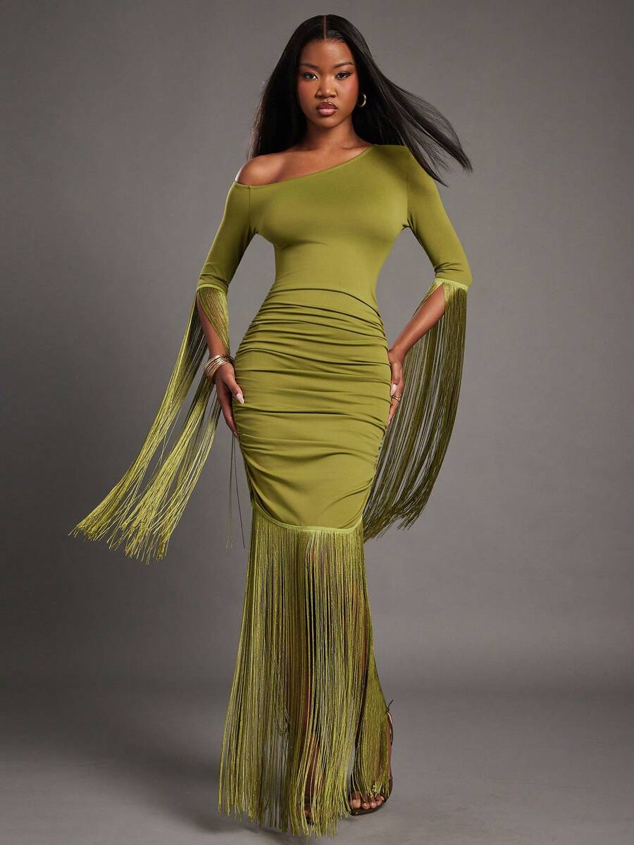 NYA SZN Dress Asymmetrical Off The Shoulder Long Sleeve Bodycon Fitted Ruche Fringe Detail Green Easter Valentine's Day St. Patrick's Day Spring Break Spring Summer Boho Elegant Luxury Event Party Occasion Mini Length Outfits For Women - Green - View 1