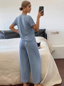 DAZY Minimalist Pleated Design Loose Women Pajama Set - Blue - View 2