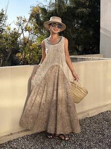 DAZY Textured Fabric Sleeveless Round Neck Mid-Length Dress For Women, Summer Holiday - Coffee Brown - View 6