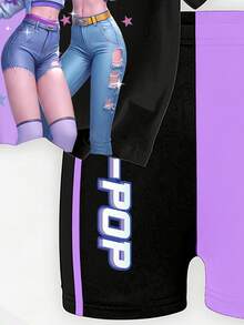 Set di maglietta grafica e pantaloncini da ciclista per ragazze, stile casual di primavera, estate e autunno, con design creativo e personalizzato, stile fresco e minimalista, con elementi come sfumature, glitter, pentagrammi, pois e righe in viola e nero, comodo e adatto per outfit sportivi quotidiani estivi e autunnali - Multicolore - Visualizzare 6