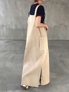 FRIFUL 女士工装风吊带长裙 - 卡其色 - 查看 4