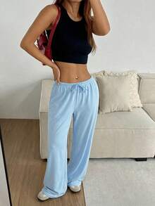 CovetEZ Women's Soft Knit Light Blue Casual Pants, Spring/Summer - Baby Blue - View 3