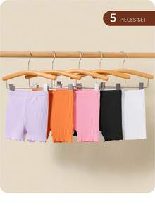 5pcs Baby Girls' Casual Solid Color Elastic Waist Shorts Set - Multicolor - View 2