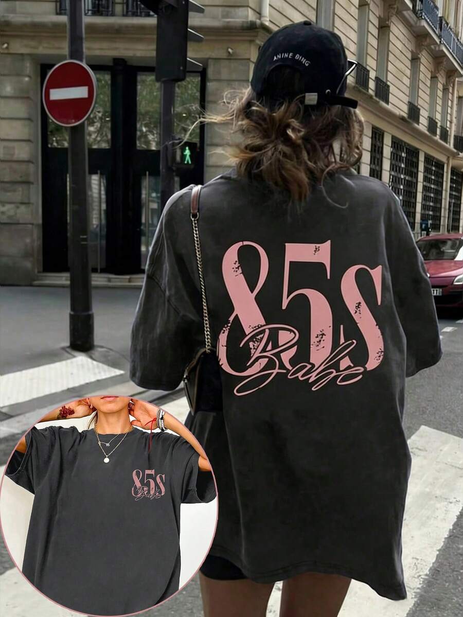 EMERY ROSE Women's Casual 80s Pattern T-Shirt - "85s" Letter Print, Short Sleeve, Round Neck, Summer Style, Four Seasons T-Shirt | Casual Style - Dark Grey - View 1