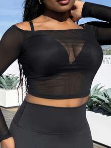 Tyla Gomez Women's Off Shoulder Sheer Mesh Cropped Top - Black - View 5
