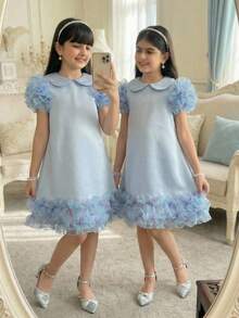 SHEIN Vestido de línea A con bloque de color y cuello con volantes para niña preadolescente - Celeste - Ver 1