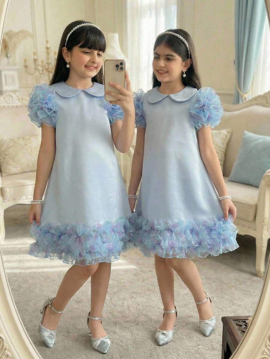 SHEIN Vestido de línea A con bloque de color y cuello con volantes para niña preadolescente - Celeste - Ver 1