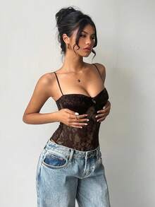 Aloruh Women's Sexy Black Lace Camisole, Slim Fit, Summer - Brown - View 5