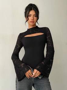 Aloruh Women's Elegant Round Neck Lace Patchwork Hollow Out Burgundy Bodysuit - Black - View 3