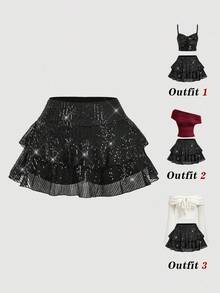 SHEIN MOD Große Größen schwarzer Pailletten-Lagrock, mehrlagiger Saum, geeignet für Party, Abschlussball, Geburtstag, Frühling/Sommer - Schwarz - Übersicht 1