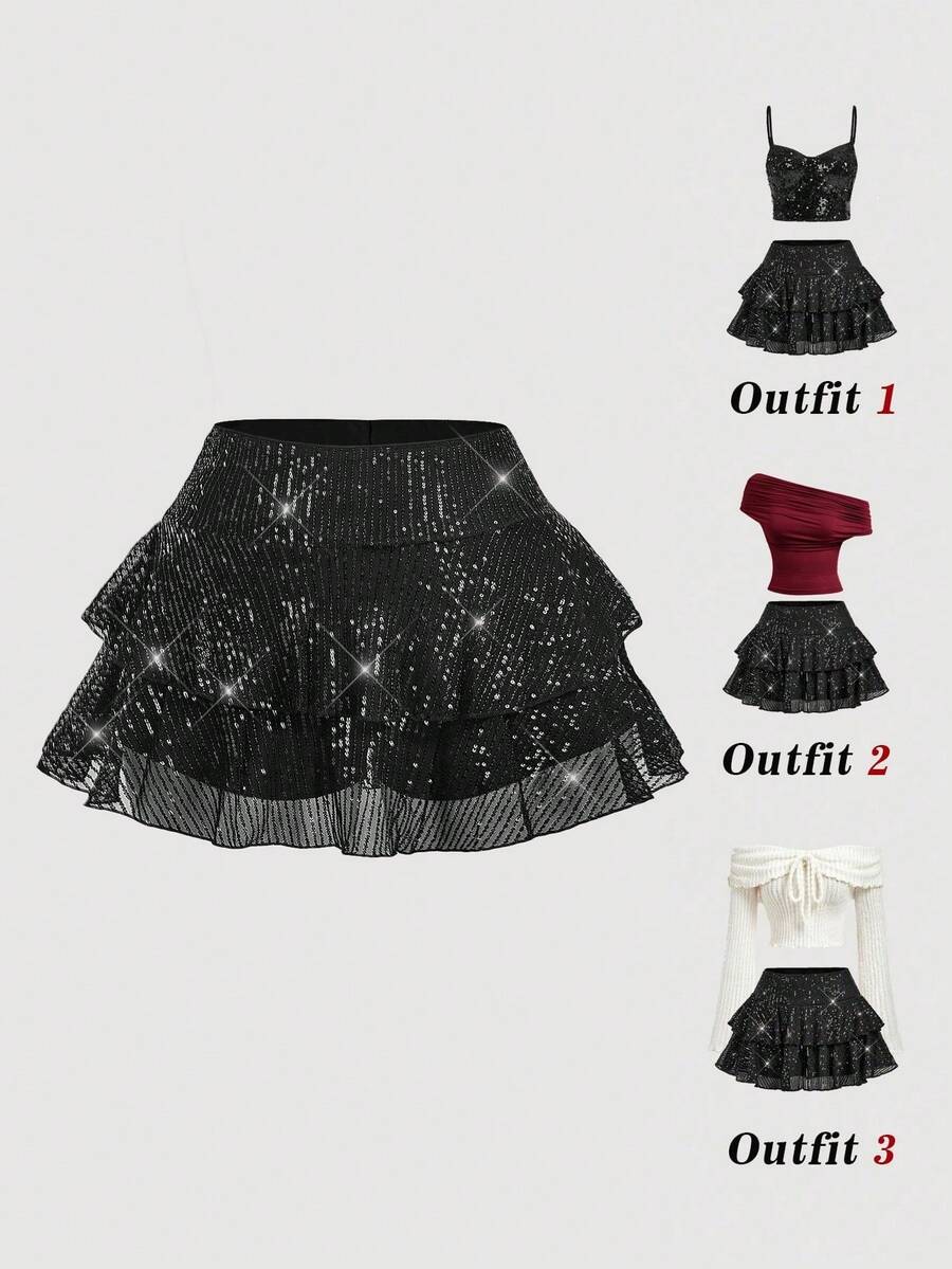 SHEIN MOD Große Größen schwarzer Pailletten-Lagrock, mehrlagiger Saum, geeignet für Party, Abschlussball, Geburtstag, Frühling/Sommer - Schwarz - Übersicht 1