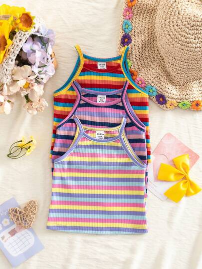 SHEIN Camiseta de punto a rayas casual y linda para bebé niña, multicolor