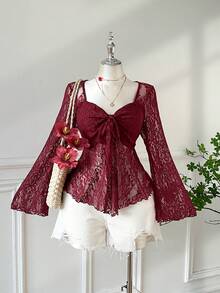 SHEIN EZwear 酒红色加大码纯色心形领喇叭袖时尚系带T恤 - 酒紅色 - 查看 1