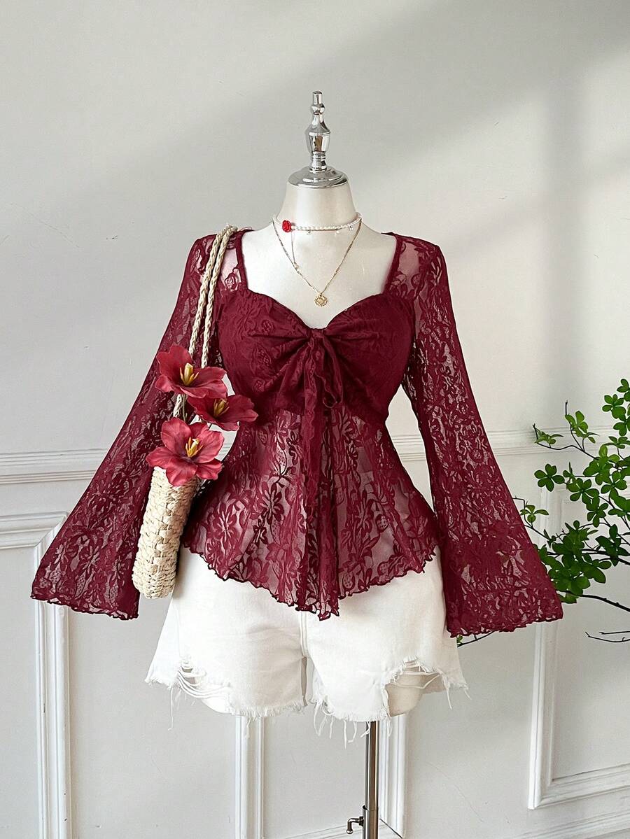 SHEIN EZwear 酒红色加大码纯色心形领喇叭袖时尚系带T恤 - 酒紅色 - 查看 1