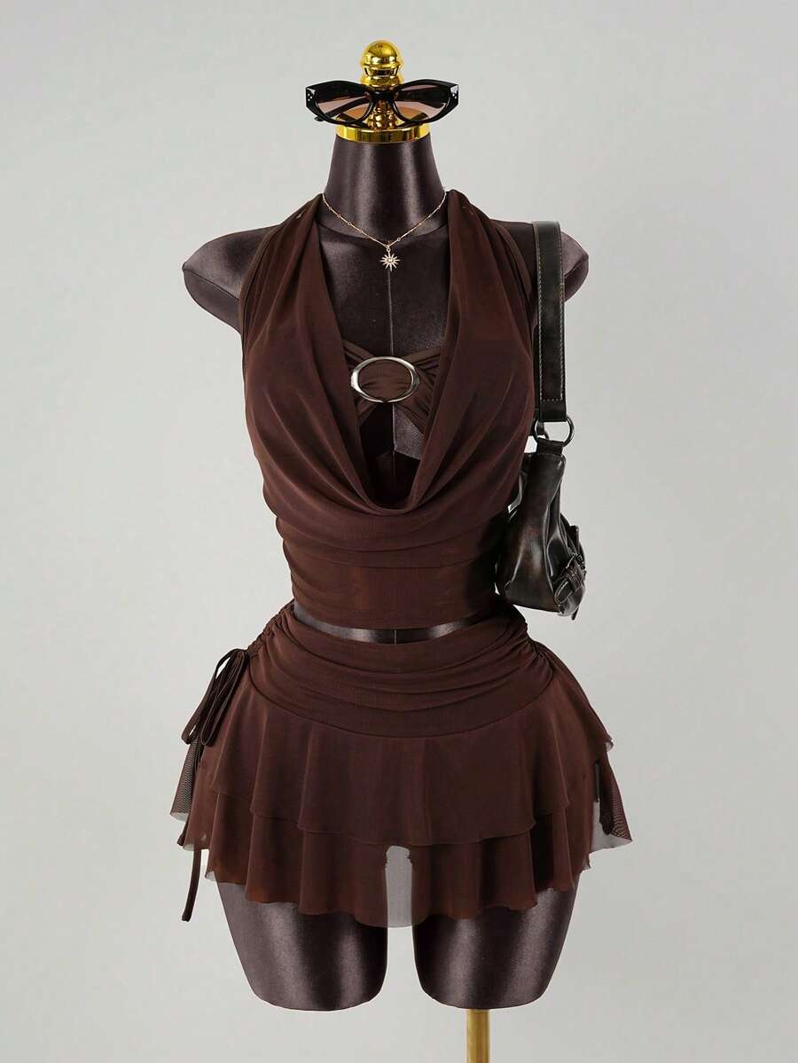 SaltGleam SaltGleam Women Metal Buckle Decor Draped Neck Top And Side Drawstring Double Layer Ruffle Mini Skirt 2 Pieces Set - Brown - View 1